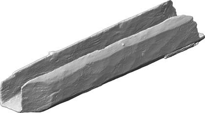 3D Scan eines 1,50 m lange Rinnensegments als Graustufenbild. Die Zubeilung am Ende ist gut zu erkennen.